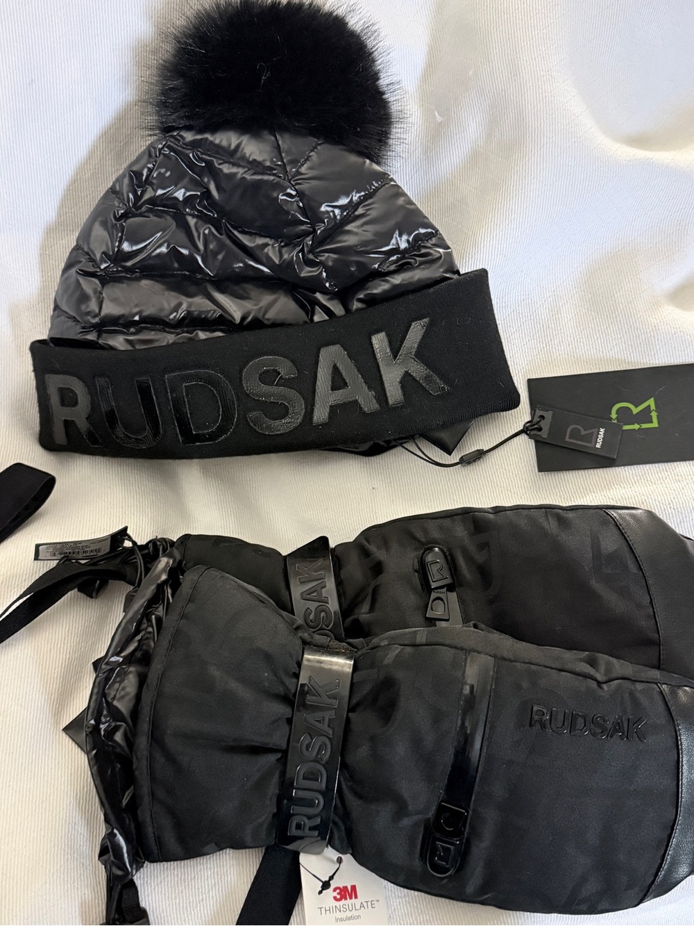 NWT RUDSAK Black Puffer Pom-Pom Beanie & Thinsulate Mittens Set